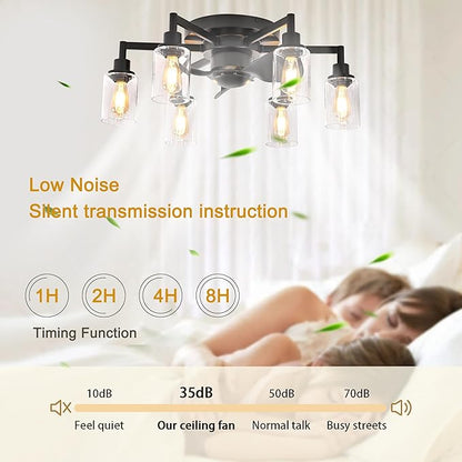 Garwarm 26.4" Ceiling Fans with Lights, Black Flush Mount Ceiling Fan with Lights Remote Control,Low Profile Bladeless Ceiling Fan Light Fixture for Bedroom, Kitchen, Dining Room