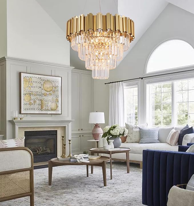 Gold Chandeliers Modern Crystal Chandelier Lighting 7 Lights Round Gold Dining Chandelier Light Fixture Ceiling Bedroom Living Room Entryway 4-Tier Golden 21.6"