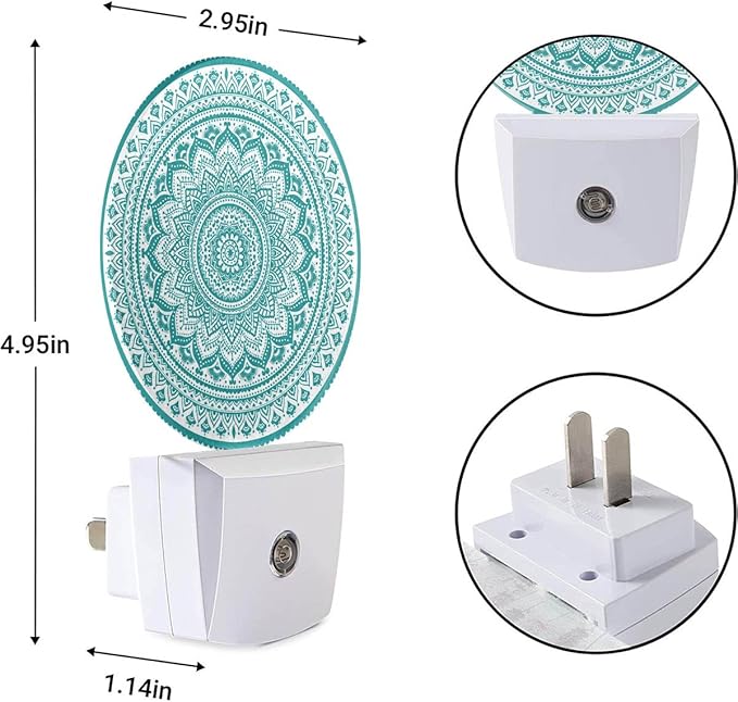 EKOBLA Mandala Plug-in Night Light, Teal Green Floral Mandala LED Nightlight with Dusk to Dawn Sensor for Kids, Adults & Grandparents