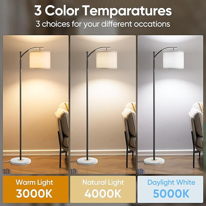 Floor Lamp for Living Room with Marble Base, Modern Standing Lamp with 3 Color Temperatures Bulb & Adjustable Linen Shade, Tall Lamp for Bedroom Office Reading Nursery