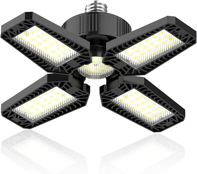Garage Light, 120W 12000LM Bright Garage Lights Ceiling Led, 6500K Deformable Shop Lighting with 4 Adjustable Panel, Screw into E26/E27 Bulb Socket LED Lights for Workshop Basement Attic