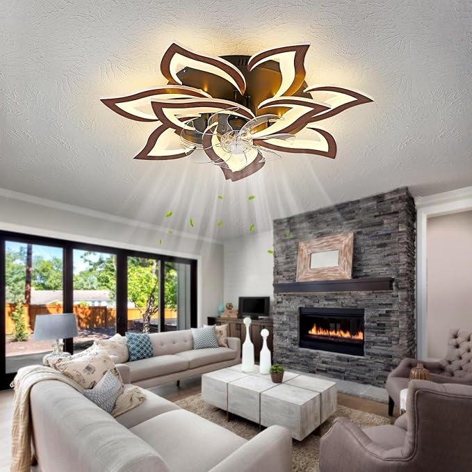 32inch Flower Modern Ceiling Fans with Lights, Low Profile Ceiling Fan with Remote for Bedroom, Flush Mount Ceiling Fan with LED Dimmable Light,6-Speeds, Timing CeilingFan Light-Walnutcolor