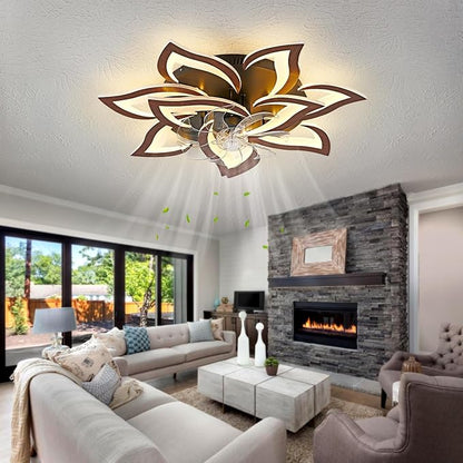 32inch Flower Modern Ceiling Fans with Lights, Low Profile Ceiling Fan with Remote for Bedroom, Flush Mount Ceiling Fan with LED Dimmable Light,6-Speeds, Timing CeilingFan Light-Walnutcolor