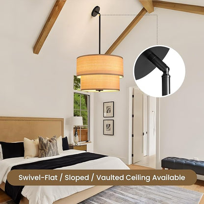 RUIYEY Rattan Chandelier Light Fixtures: 17 inch Large Boho Pendant Lights with Wicker Lampshade, E12 5 Lights Height Adjustable Hand Woven Drum Chandeliers for Dining Room Kitchen Living Room