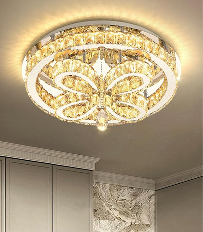 Modern Crystal Chandelier LED 2-Tier Flush Mount Ceiling Lighting Dimmable Pendant Light for Living Room Bedroom Dining Room Entryway Hallway