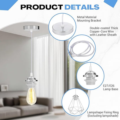 12 Pack Industrial Mini Pendant Light Kit Bulk, UL E26/E27 Lamp Socket 3.28 ft Adjustable Hanging Light Cord Kit Edison Vintage Retro Ceiling Lamp Fixture for Kitchen Bar Decor(Sliver)