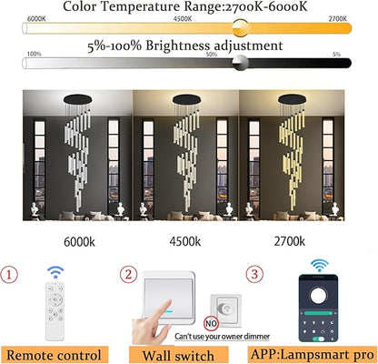177‘’ Long Crystal Column Chandelier 30-Light Extra Large Black Staircase Chandelier High Ceiling Dimmable Led Ceiling Lighting Foyer Entryway Light Source is Replaceable