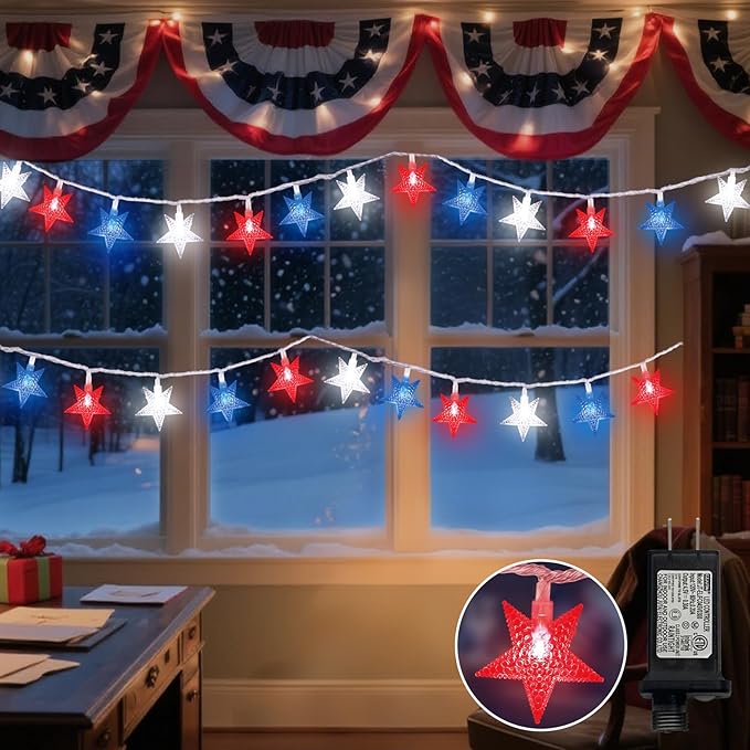 LAMPHOME Red White Blue Star String Lights, 33ft 100 LED Clear Wire Fairy Lights with 16 Modes, Plug-in Decor for 4th of July Patriotic Christmas Tree Bedroom Garden Wedding Birthday Party