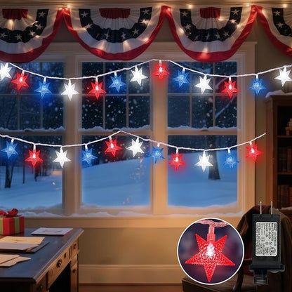 LAMPHOME Red White Blue Star String Lights, 33ft 100 LED Clear Wire Fairy Lights with 16 Modes, Plug-in Decor for 4th of July Patriotic Christmas Tree Bedroom Garden Wedding Birthday Party