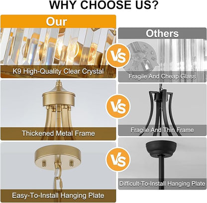 Gold Vintage Chandeliers for Dining Room, 15.7" Modern Crystal Round Pendant Lights Kitchen Island Over Table,4-Light Foyer Chandelier for Entryway Bathroom Bedroom Living Room
