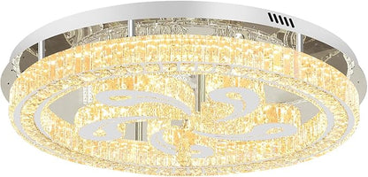 Modern Crystal Chandeliers for Dining Room Flush Mount Ceiling Chandelier for Living Room Dining Room Ring LED Crystal Ceiling Light (Round,32in Silver,Dimmable 2700K-6500K)