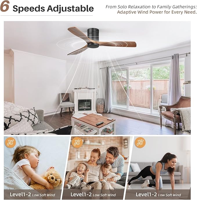 CACI Mall 52 Inch Smart Ceiling Fan without Light, Flush Mount, 3 Blades Solid Wood, Low Profile, Modern, Outdoor/Indoor Ceiling Fans No Light for Bedroom/Farmhouse/Patio