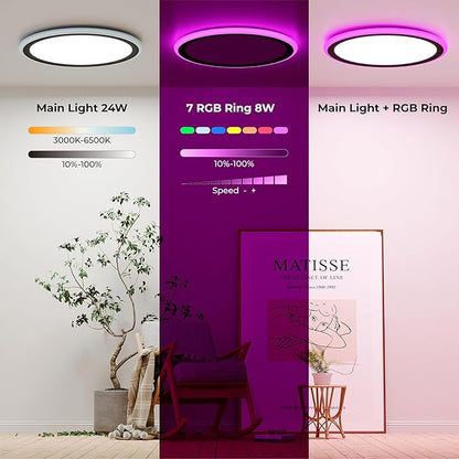 BLNAN RGB Led Flush Mount Ceiling Light with Remote Control, 13Inch 24W 2400LM 3000K-6500K Dimmable Color Changing Wired Light Fixture, Colorful for Bedroom Kids Room Party Festival, Black