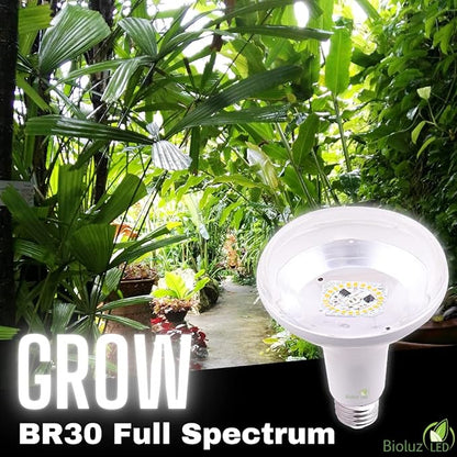 Bioluz LED Grow Light Bulbs, Full Spectrum 3000K BR30 Floodlight Bulbs for Indoor Plants, 9W, Low Heat & Energy Efficient, 2-Pack