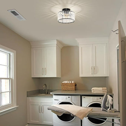 Modern Ceiling Light, Crystal Hallway Semi Flush Mount Ceiling Lighting Fixture, Black Metal Close to Ceiling Lamp for Bathroom Entryway Bedroom Porch Kitchen Living Room