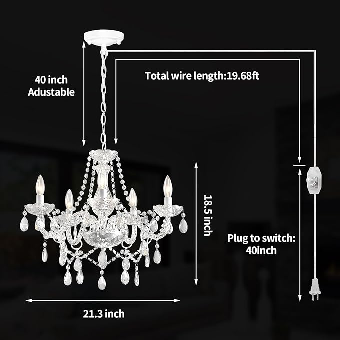 Plug in Chandelier Dimmable,5 Lights K9 Crystal Glass Pendant Light Fixture, Modern White Candle Hanging Chandelier for Bedroom Living Dining Room Kitchen Island