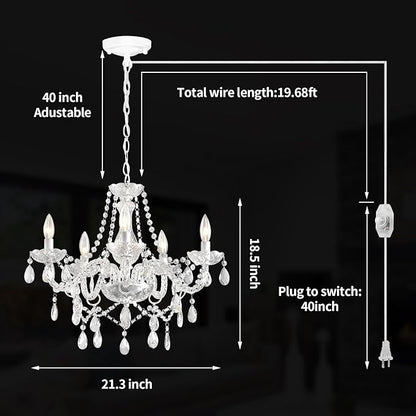Plug in Chandelier Dimmable,5 Lights K9 Crystal Glass Pendant Light Fixture, Modern White Candle Hanging Chandelier for Bedroom Living Dining Room Kitchen Island