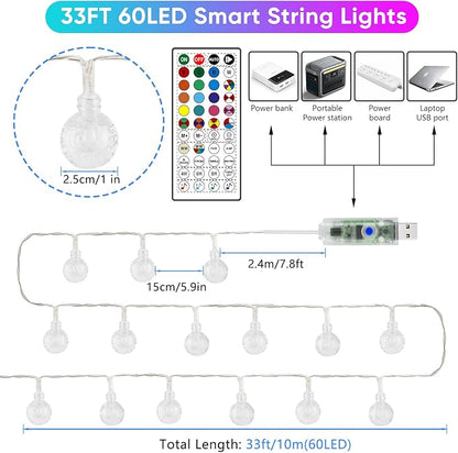OMIKA Color Changing String Lights USB Powered, 33FT 60LED APP Control Fairy Lights with Remote, Indoor Globe String Lights, Music Sync for Girl Gift Bedroom Tent Wedding Christmas Tree
