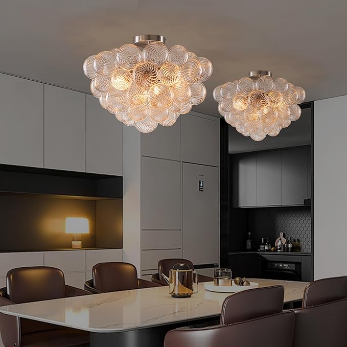 Hand Blown Glass Bubble Ball Chandelier Nickel-Plated 20" Semi Flush Mount Ceiling Light Art Deco Cluster Ribbed Blown Glass Globe Lighting for Bedroom Dining Table Entryway