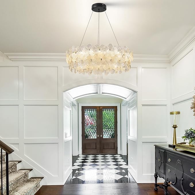 32'' Modern LED Crystal Chandelier Large Flower Light Fixture Black Dimmable 3000-6500K Contemporary Chandeliers with Remote Control Luxury for High Ceiling Foyer Living Room Bedroom Entryway