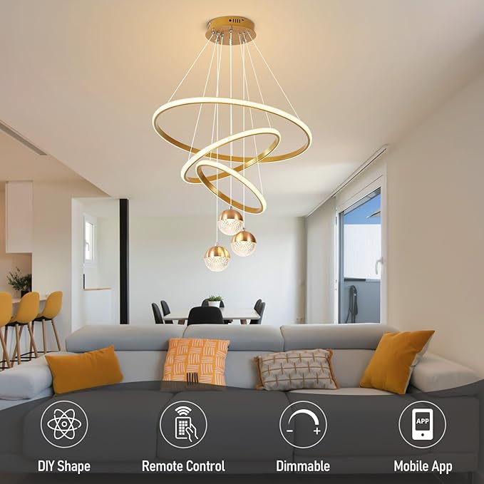 Modern Led Chandeliers 3-Color Dimmable Gold LED Chandelier Pendant Light with Remote Adjustable Hanging Pendant Light Fixture for Dining Room Living Room Bedroom Entryway