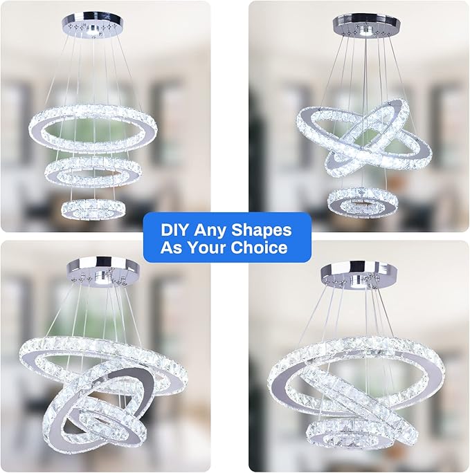 Modern Crystal Chandeliers LED Chandelier Fixtures 3 Rings Round DIY Pendant Lighting Stainless Steel Adjustable Chandelier Ceiling Light for Dining Room Bedroom Living Room (3 Colors)