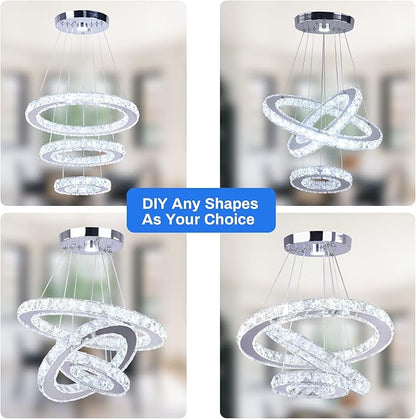 Modern Crystal Chandeliers 3 Rings Round LED Chandelier Fixtures DIY Pendant Lighting Stainless Steel Adjustable Chandelier Ceiling Light for Dining Room Bedroom Living Room (Cool White)