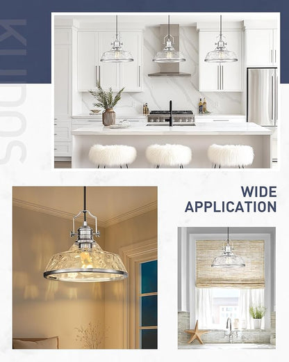 kudos 2 Pack Pendant Lights Kitchen Island, 11" Large Brushed Nickel Kitchen Island Lighting with Hammered Glass Shade, Industrial Hanging Light Fixture for Kitchen Sink Dining Room, KDPL13-BN-H-2PK