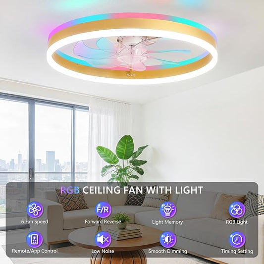 STERREN RGB Ceiling Fan with Light, 20'' Low Profile Ceiling Fans with Remote Control, Smart Gold Flush Mount LED Fan Light, Modern Bladeless Fandelier for Bedroom, Living Room, Kitchen