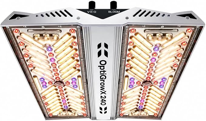 OptiGrowX240 LED Grow Light for Indoor Plants, Full Spectrum with Veg Bloom Control, Optical Lens Design, High Efficiency, High PPFD Output for 2x2 3x3 Grow Tent