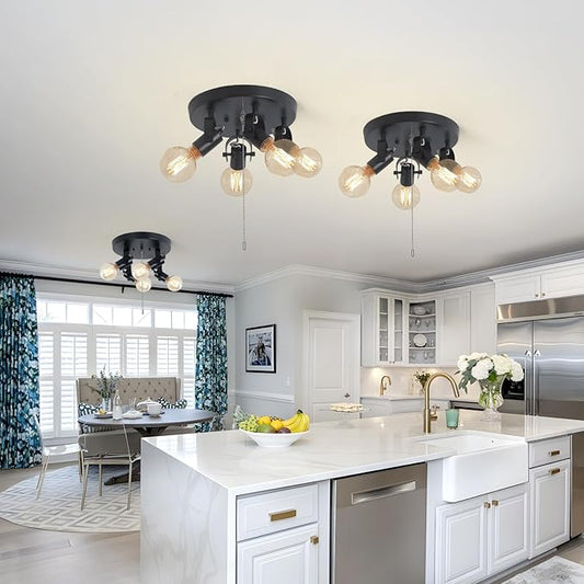 4 Light Flush Mount Ceiling Light with Pull Chain, Industrial Kitchen Ceiling Light with Rotatable Light Head,Black Pull Chain Ceiling Spotlight for Bedroom Hallway Kitchen Laundry