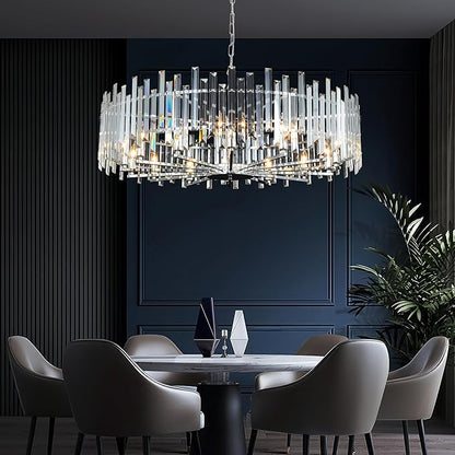 Modern Crystal Chandelier Chrome, 39.4" Large Round Dining Room Chandelier Luxury Top K9 Hanging Pendant Light Fixture for Living Room Bedroom Entryway