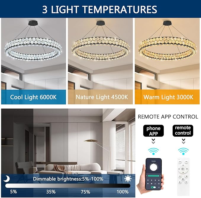 Modern Ring Chandelier Crystal Chandeliers for Dining Room Round Ceiling Light Fixture for Living Room Bedroom Lighting LED Dimmable with Remote Ring Lights Black