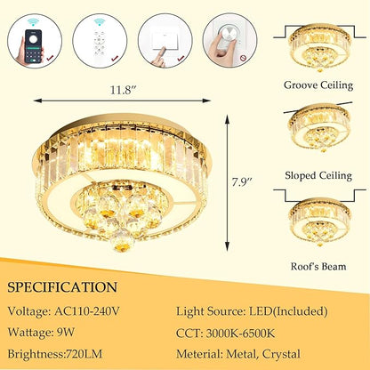 11.8" Gold Modern Crystal Chandeliers for Dining Room LED Dimmable Light Fixtures Flush Mount Light Living Room Bedrooms