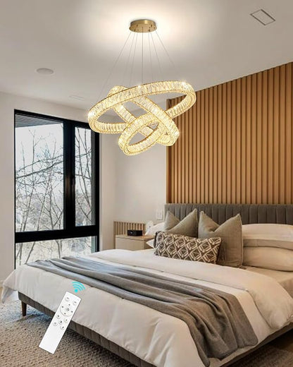 HAIXIANG Modern Glam Chandelier Crystal LED Remote Rings Chandelier Adjustable Hanging Ceilings Pendant Lights Fixture Gold 8"+16"+24" Rings Lighting