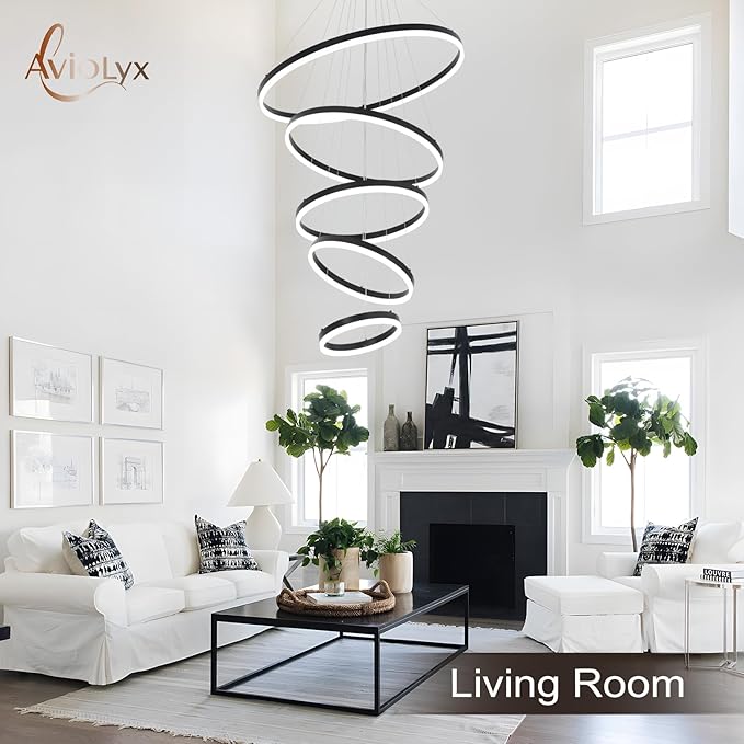 5 Rings Modern LED Chandelier Black Large High Ceiling Chandeliers with Remote Control Contemporary Pendant Light Dimmable for Staircase Entryway Living Room Foyer Villa(3000K-6500K D31.5)