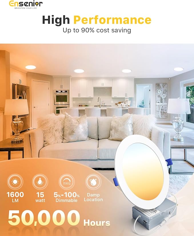 Ensenior 12 Pack 7 Inch LED Recessed Ceiling Light, Dimmable, 2700K-5000K 5CCT, 1600LM 15W 120V, High Brightness Canless Wafer Downligh