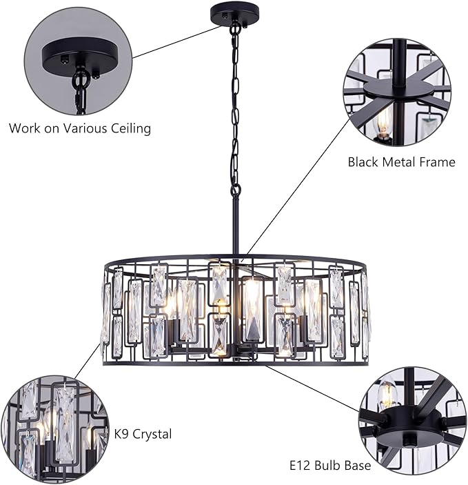 Wellmet Black Crystal Chandeliers 24in, 6 Lights Round Ceiling Light Fixture for Dining Room, Modern Farmhouse Drum Chandelier for Living Room, Bedroom, Bathroom, Kitchen, Entryway, Hallway