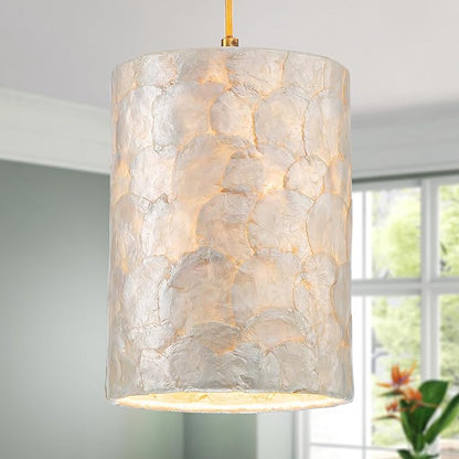 LumFurn D7inch 1-Light Capiz Shell Chandelier, Coastal Design Pendant Light Fixture for Dining Room, Living Room, Kitchen Island, D7 x H18~66"(Adjustable Height), Shell Lampshade & Gold Finish Frame