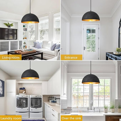 Farmhouse Pendant Light,11.8" Black with Gold Grain Industrial Dome Chandelier,Adjustable Vintage Pendant Lights Kitchen Island for Dining Room,Bedroom,Hallway