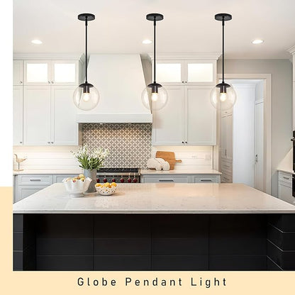 Bagood 8" Globe Pendant Light Black 2 Pack Mid Century Pendant Light Globe Pendant Lights Kitchen Island Matte Black Finished with Clear Glass Adjustable Ceiling Light Fixtures for Dining Room Bar