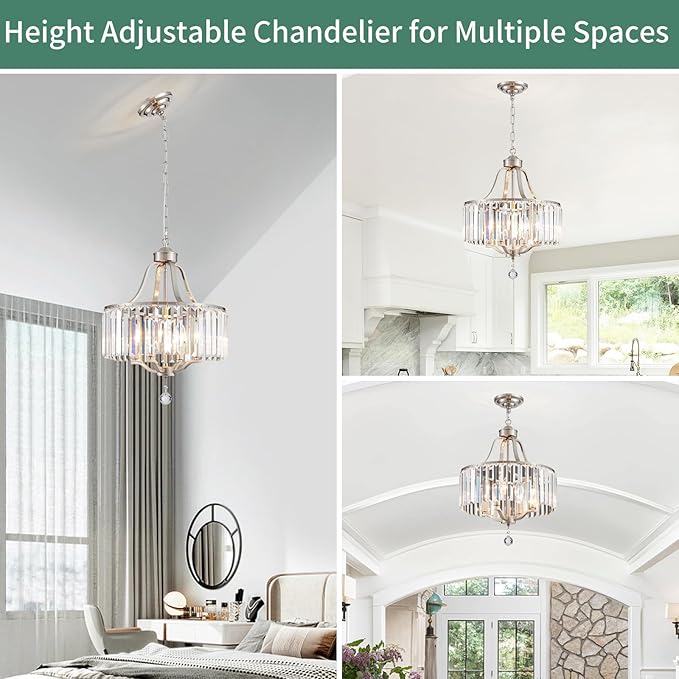 Crystal Chandelier - Modern Pendant Light - 15.7 Inch Diameter Height Adjustable Brushed Nickel Ceiling Light - Ideal for Dining Rooms, Kitchens, Living Rooms