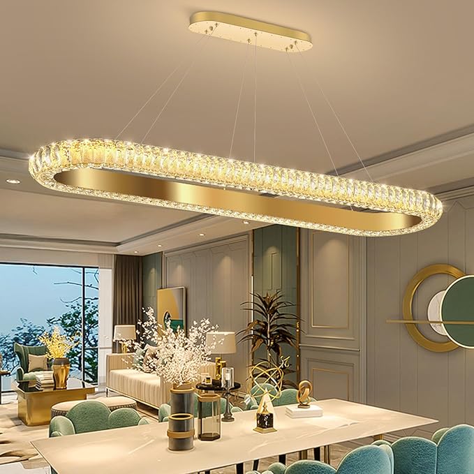47'' Oval Ring Crystal Chandelier Modern LED Dimmable Ring Pendant Light Chandelier for Dining Room Living Room Gold