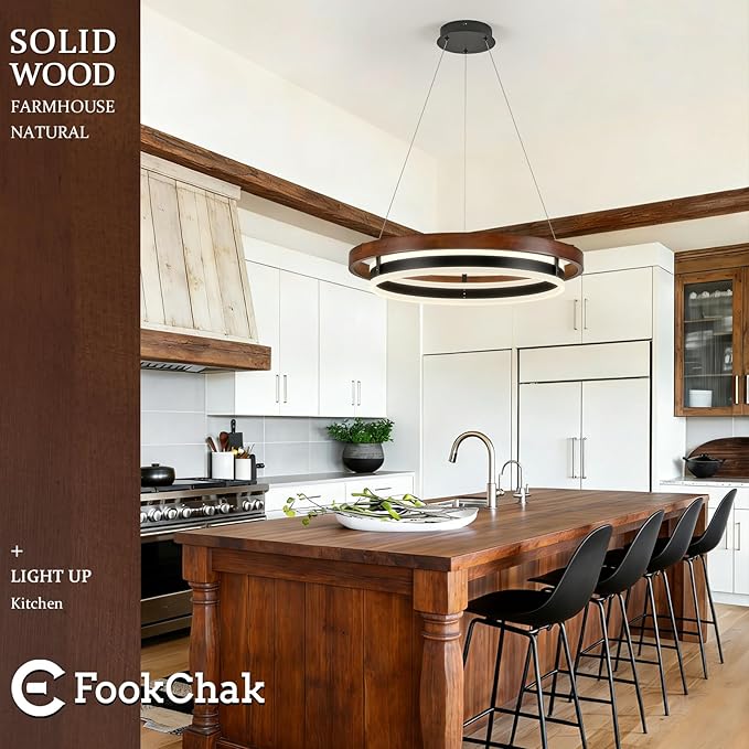 LED Ring Chandelier 24in Solid Walnut Wood Chandeliers Dimmable Black Chandeliers Modern Round Chandelier Light for Living Room Dining Room Kitchen Island Bedroom Entry