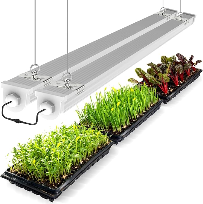JESLED 4FT Waterproof Grow Lights for Indoor Plants, Sunlight Full Spectrum 5000K LED for Seed Starting, Seedling & Vegetables, 96W(2 X 48W, 600W Equiv), Linkable Grow Light Strip with Switch, 2P