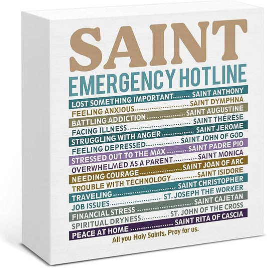 Christian Gifts for Women Men, Catholic Decor, Saint Emergency Wood Block Sign for Home Office Desk Decoration 5 x 5 Inches