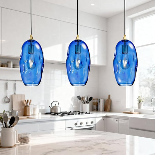 Blue Pendant Light Fixtures Adjustable 12.5'' Height Modern Kitchen Island Lighting Glass Organic Ceiling Hanging Light Fixtures for Bar, Counter, Patio, Over Sink, Dining Room,Table - Blue