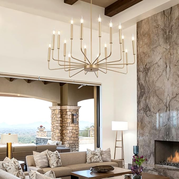 Yiisem Modern Farmhouse Gold Chandelier, 16-Light Rustic Candle Chandelier, Industrial Hanging Chandeliers for Dining Room, Kitchen, Foyer, Entryway, Living Room