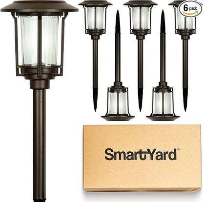 Solar Pathway Lights Outdoor - Pack of 6, 6 Lumens Warm White LED, Bronze Aluminum & Stainless Steel Weather-Resistant Outdoor Solar Lights for Yard, Garden, Walkway Lighting - Easy Stake Installation