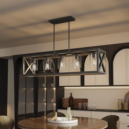 Farmhouse Dining Room Light Fixture - 5 Light Matte Black Rectangle Light Fixture with Adjustable Height & Thickened Metal Dining Table Fixture Chandeliers for Dining Room&Kitchen Island